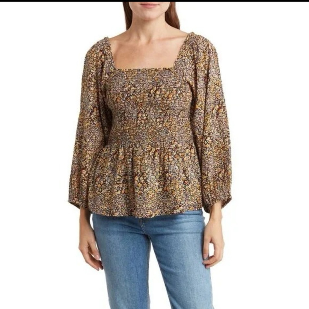 Never Worn Madewell Lucie Floral Smocked Top, True Black/Brown, Size 2